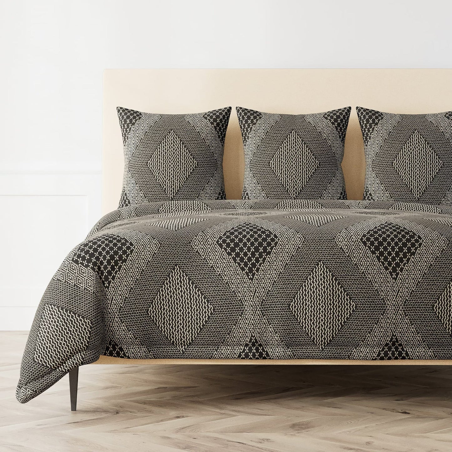 The Met x Ann Gish Sashiko Hishi-Moyo Duvet Cover and Decorative Pillow - Charcoal